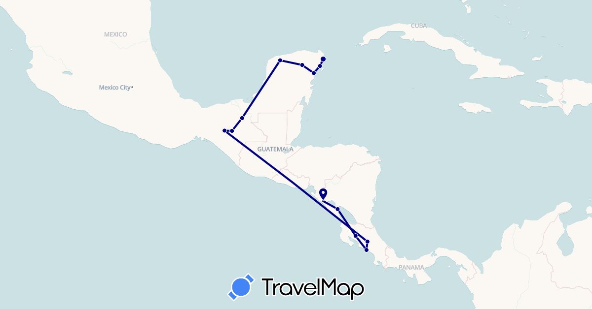 TravelMap itinerary: driving in Costa Rica, Mexico, Nicaragua (North America)